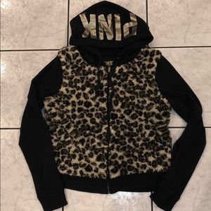 VS PINK faux fur hoodie zip sweatshirt leopard